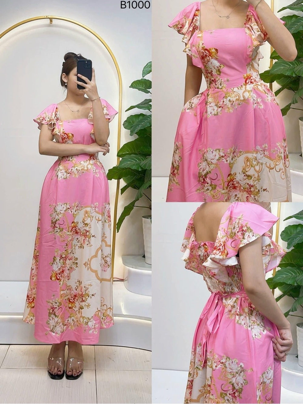Pink Floral Maxi Dress with Ruffled Sleeves